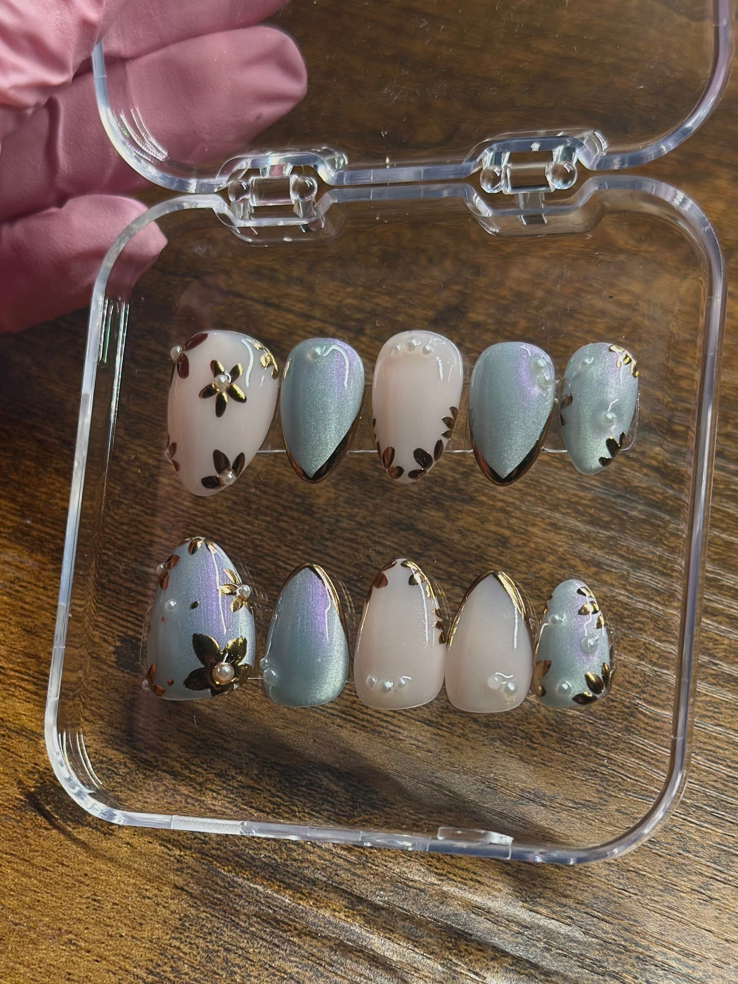 Blue Purple Cateye Press on Nails | Chrome Flowers | Hand painted, Gel Manicure, Durable, Reusable Presson Nails, Summer Nails