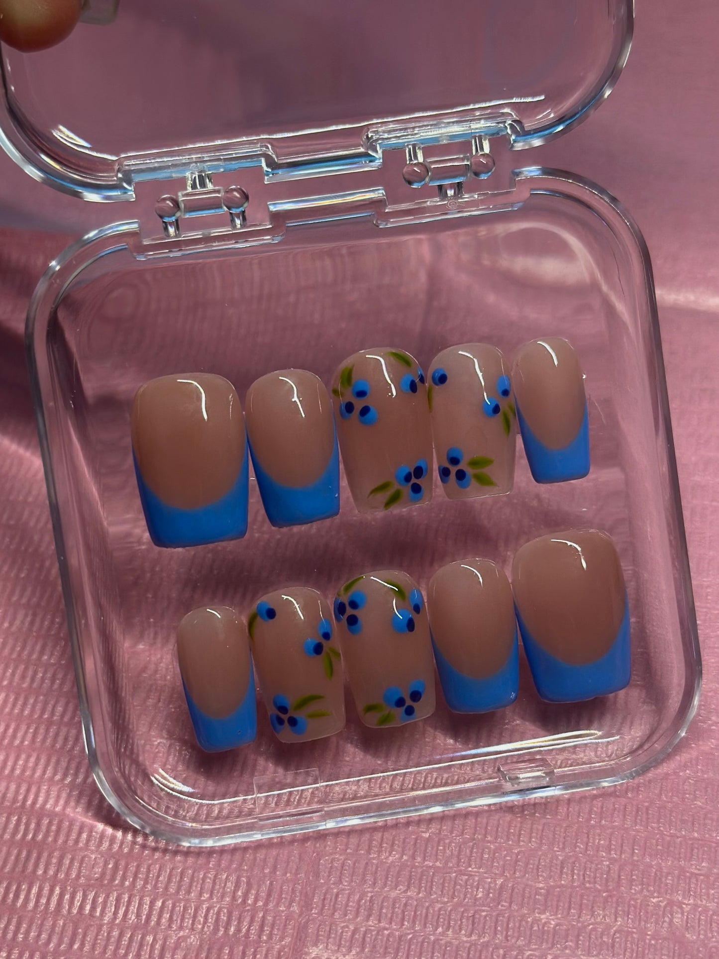 Blue French Tip with Blueberries | Hand Painted Press On Nails | Custom Sizing and Shape | Great for Summer, Holiday, or Gift