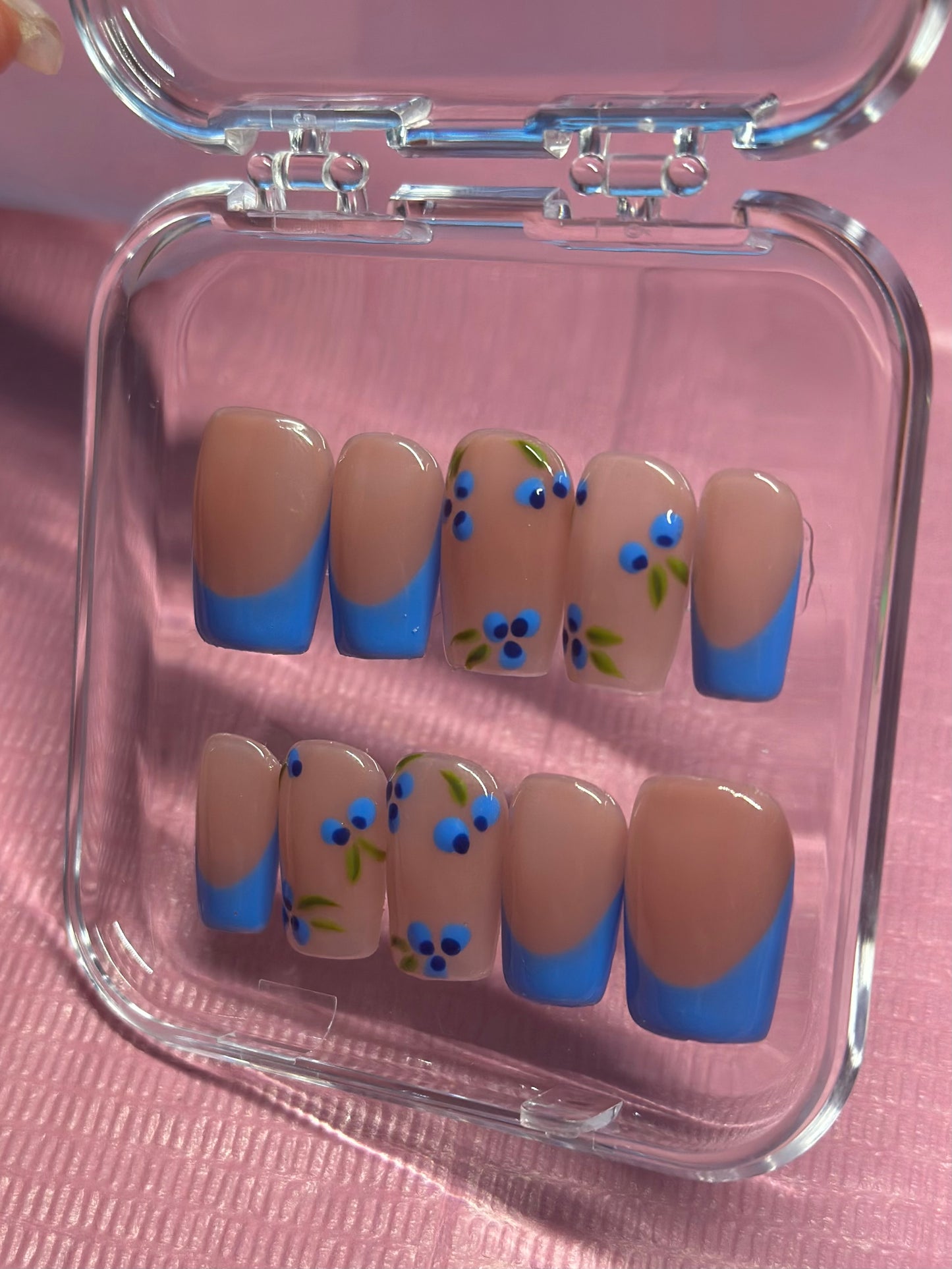 Blue French Tip with Blueberries | Hand Painted Press On Nails | Custom Sizing and Shape | Great for Summer, Holiday, or Gift