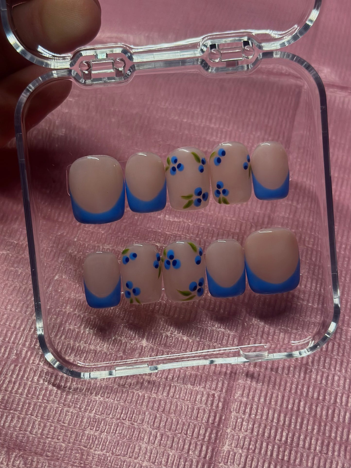 Blue French Tip with Blueberries | Hand Painted Press On Nails | Custom Sizing and Shape | Great for Summer, Holiday, or Gift