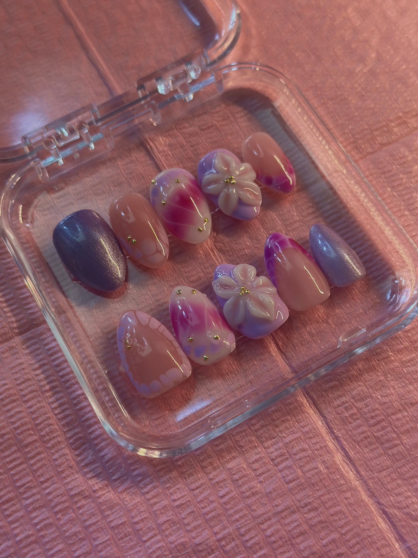 Purple Haze Reusable Nails | Hand Painted Press On Nails | Custom Sizing and Shape | Great for Summer, Vacation, or Gift | 3D Flower, Gold
