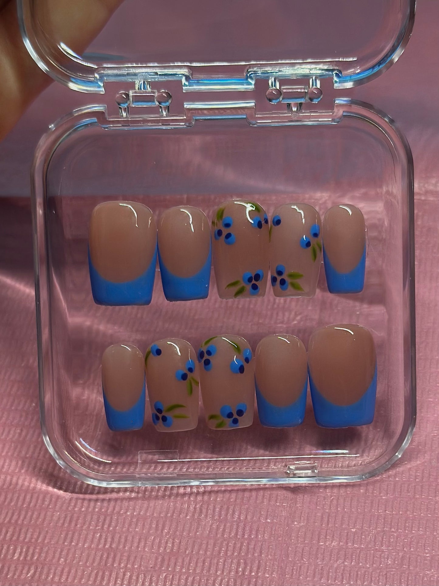 Blue French Tip with Blueberries | Hand Painted Press On Nails | Custom Sizing and Shape | Great for Summer, Holiday, or Gift