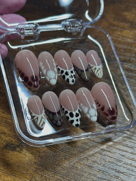 Brown Blooming gel and Animal print faux nails | Hand Painted Press On Nails |Custom Sizing and Shape |Great for Summer, Vacation, or Gift |