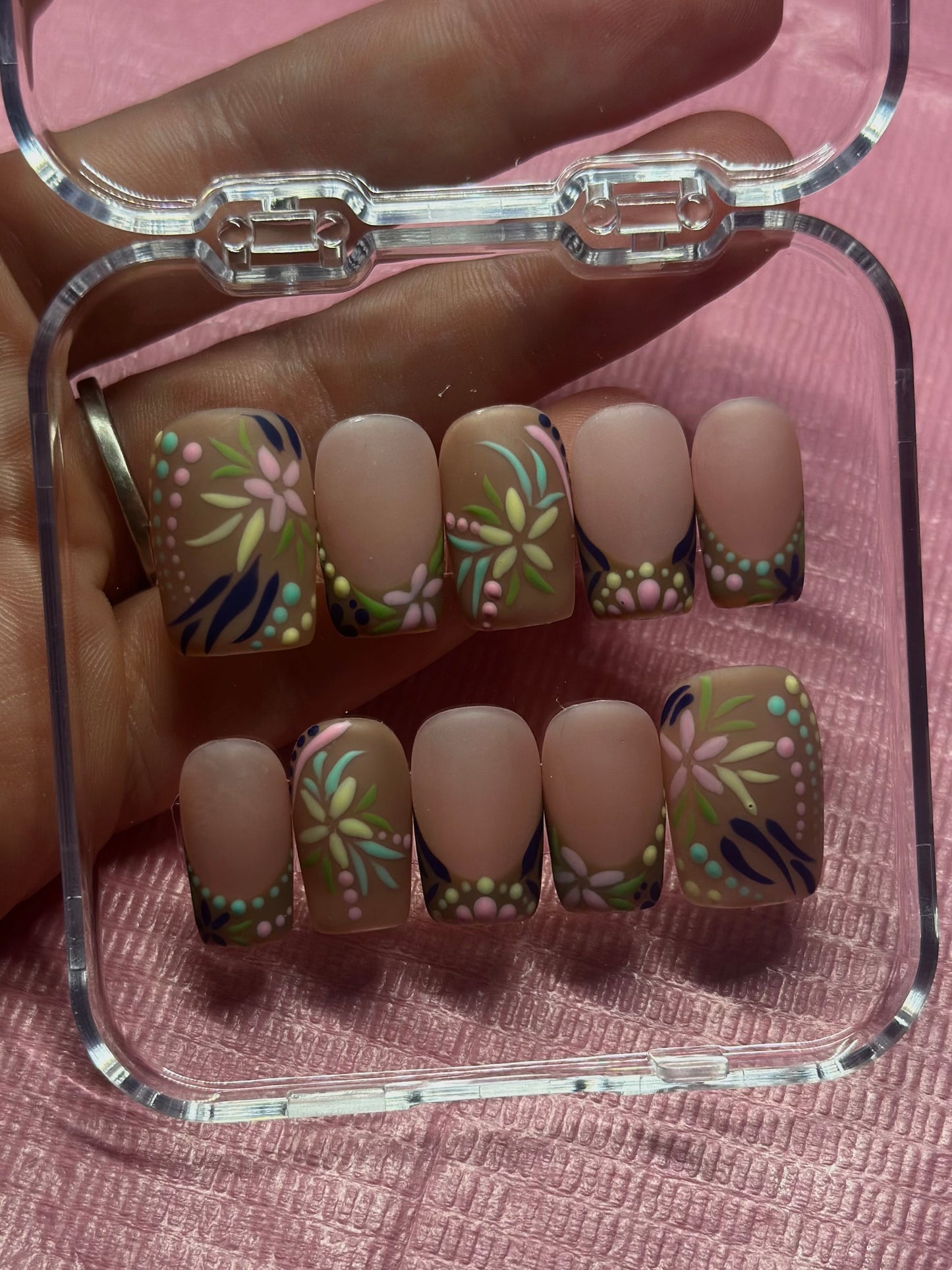 Pottery Inspired French Tip Press on Nails | Hand painted, Gel Manicure, Matte, Flowers | Reusable Presson Nails, Summer Nails