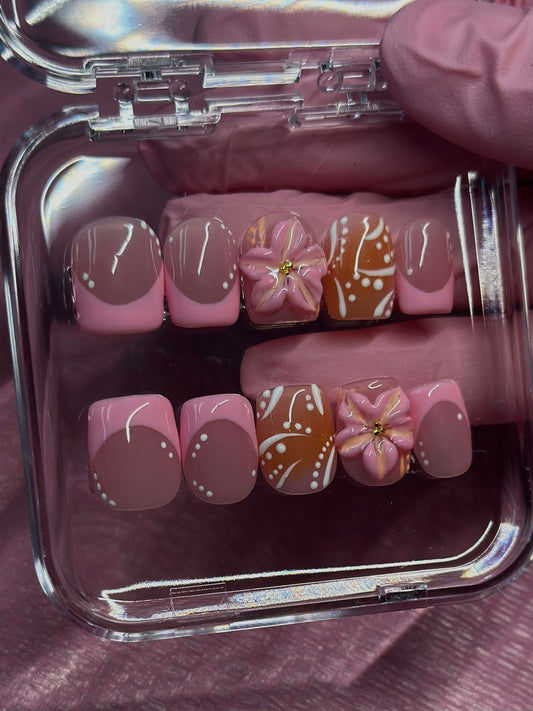 Pink and Orange Press on Nails | 3D flower | Hand painted, Gel Manicure, French tip, Reusable Presson Nails, Summer Nails, Vacation Nails