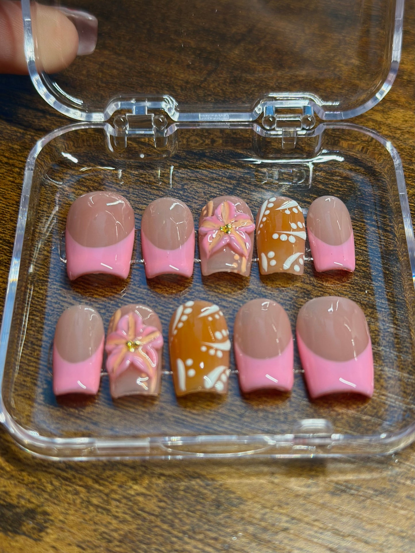 Pink and Orange Press on Nails | 3D flower | Hand painted, Gel Manicure, French tip, Reusable Presson Nails, Summer Nails, Vacation Nails