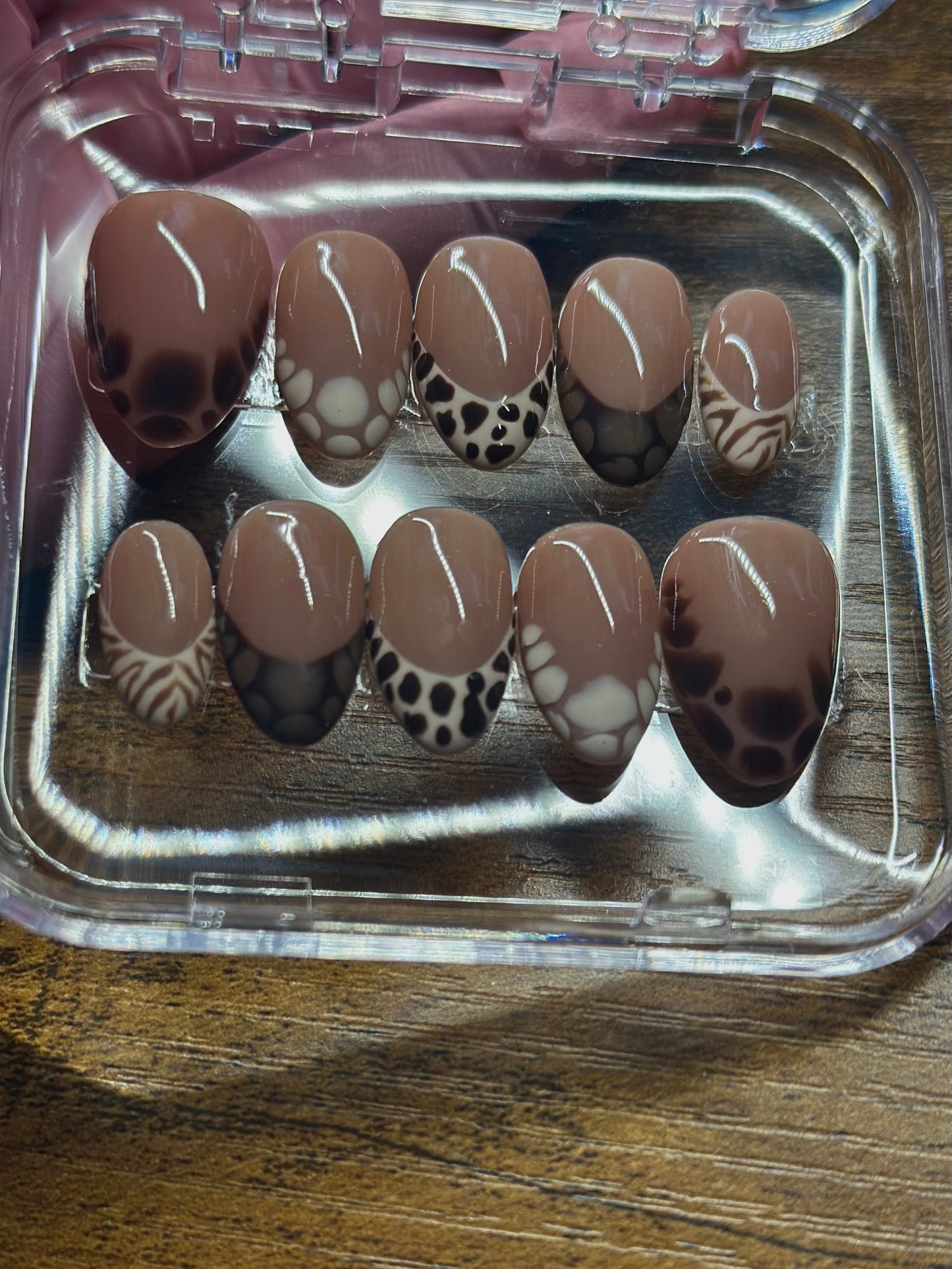 Brown Blooming gel and Animal print faux nails | Hand Painted Press On Nails |Custom Sizing and Shape |Great for Summer, Vacation, or Gift |