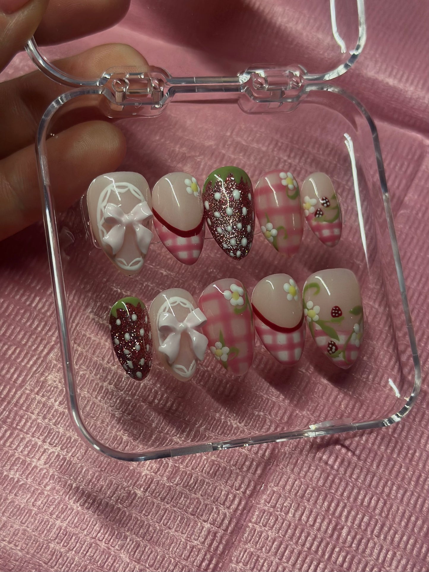 Reusable Strawberry Shortcake Press on nails| Hand Painted Press On Nails | Custom Sizing and Shape | Great for Summer, Graduation, or Gift