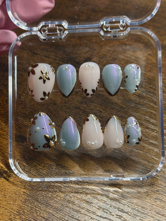 Blue Purple Cateye Press on Nails | Chrome Flowers | Hand painted, Gel Manicure, Durable, Reusable Presson Nails, Summer Nails