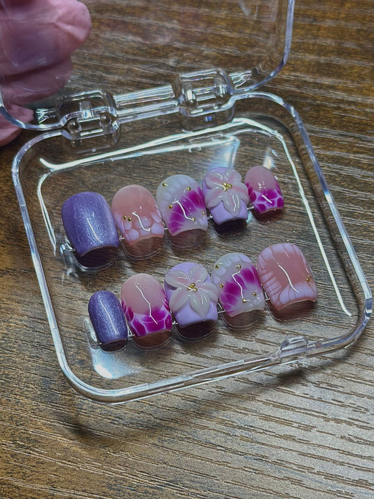 Purple Haze Reusable Nails | Hand Painted Press On Nails | Custom Sizing and Shape | Great for Summer, Vacation, or Gift | 3D Flower, Gold