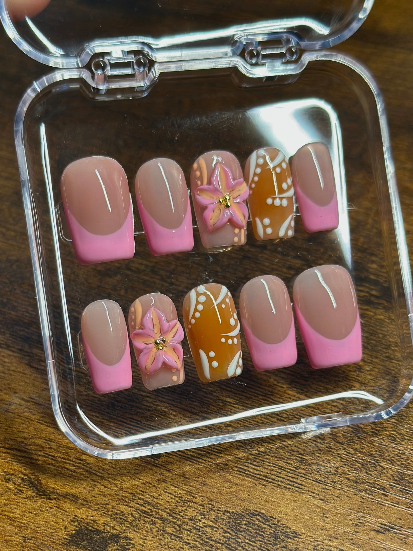 Pink and Orange Press on Nails | 3D flower | Hand painted, Gel Manicure, French tip, Reusable Presson Nails, Summer Nails, Vacation Nails