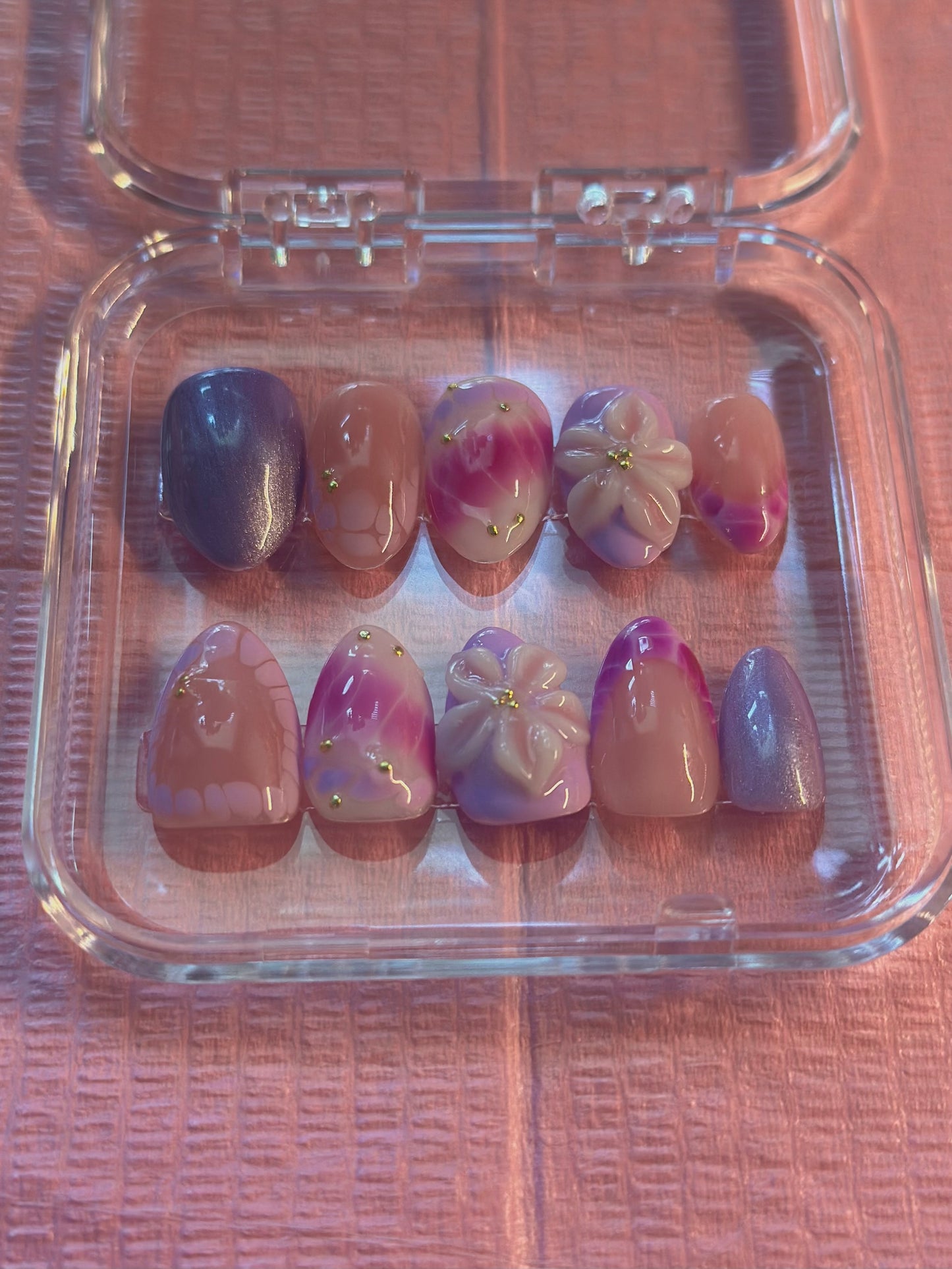 Purple Haze Reusable Nails | Hand Painted Press On Nails | Custom Sizing and Shape | Great for Summer, Vacation, or Gift | 3D Flower, Gold