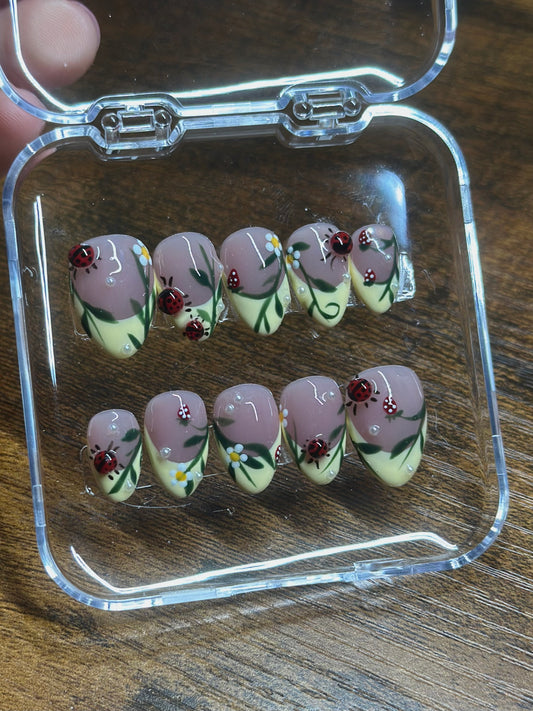 Ladybug and Strawberry Reusable Press on Nails | 3d Ladybugs, Hand painted, Gel Manicure, Blooming gel Presson Nails, Graduation Nails