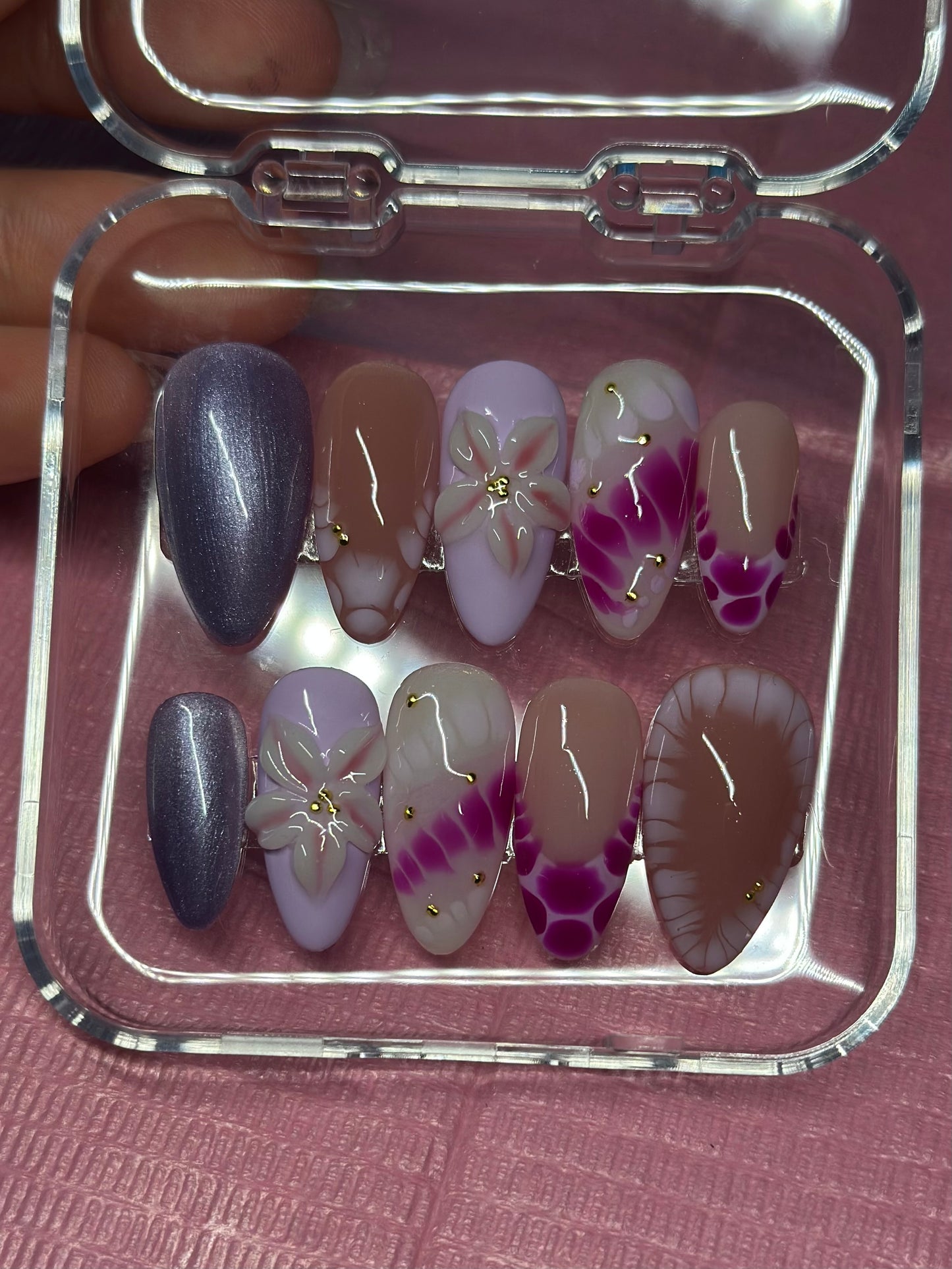 Purple Haze Reusable Nails | Hand Painted Press On Nails | Custom Sizing and Shape | Great for Summer, Vacation, or Gift | 3D Flower, Gold