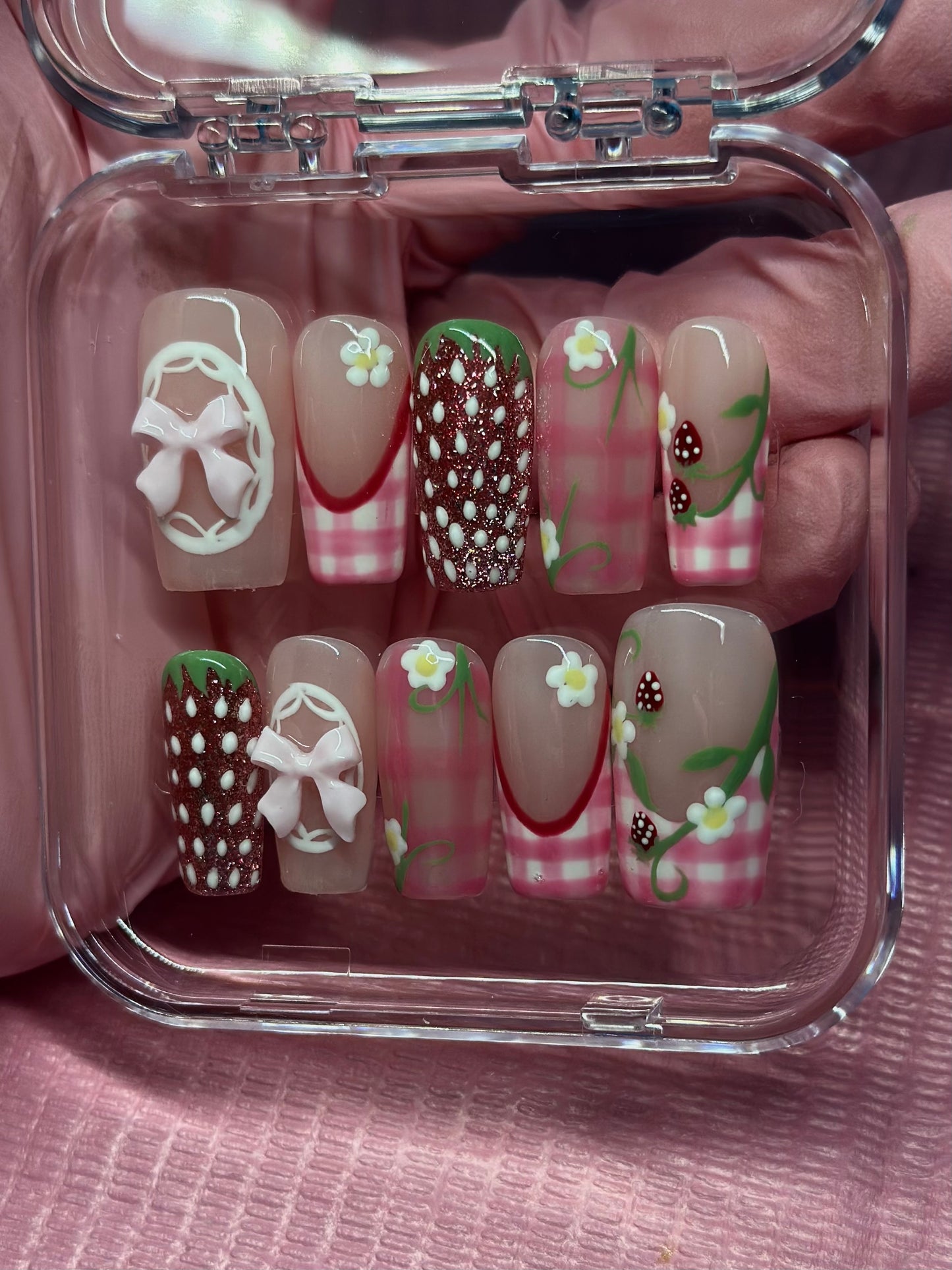 Reusable Strawberry Shortcake Press on nails| Hand Painted Press On Nails | Custom Sizing and Shape | Great for Summer, Graduation, or Gift