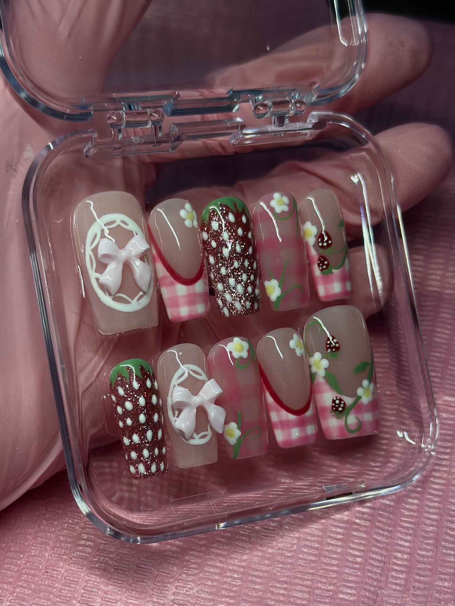 Reusable Strawberry Shortcake Press on nails| Hand Painted Press On Nails | Custom Sizing and Shape | Great for Summer, Graduation, or Gift