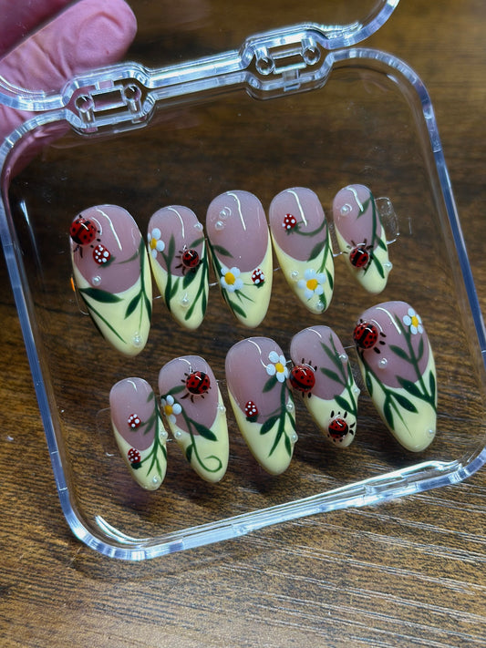 Ladybug and Strawberry Reusable Press on Nails | 3d Ladybugs, Hand painted, Gel Manicure, Blooming gel Presson Nails, Graduation Nails