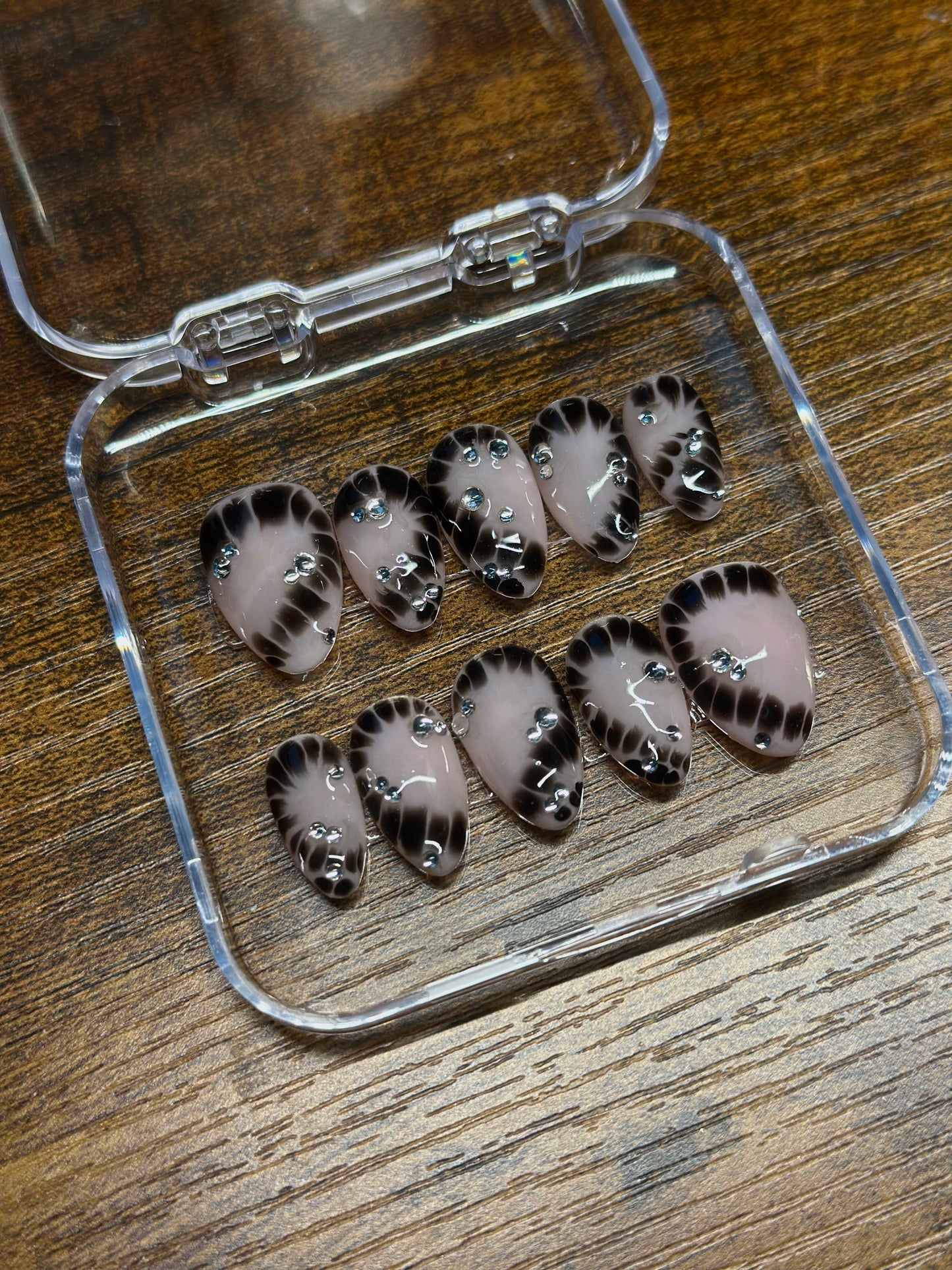 Black Sparkle Reusable Nails | Hand Painted Press On Nails|Custom Sizing and Shape|Great for Summer, Vacation, or Gift| Blooming gel, Silver