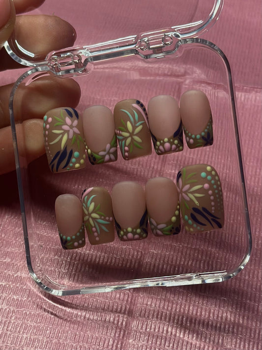 Pottery Inspired French Tip Press on Nails | Hand painted, Gel Manicure, Matte, Flowers | Reusable Presson Nails, Summer Nails