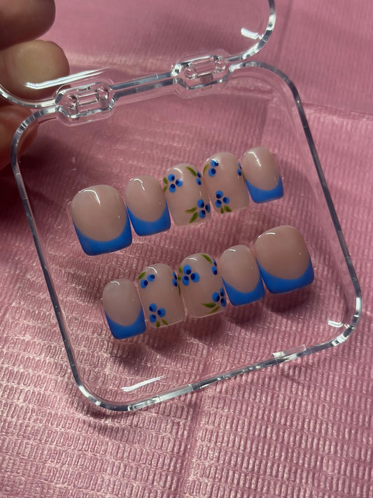 Blue French Tip with Blueberries | Hand Painted Press On Nails | Custom Sizing and Shape | Great for Summer, Holiday, or Gift