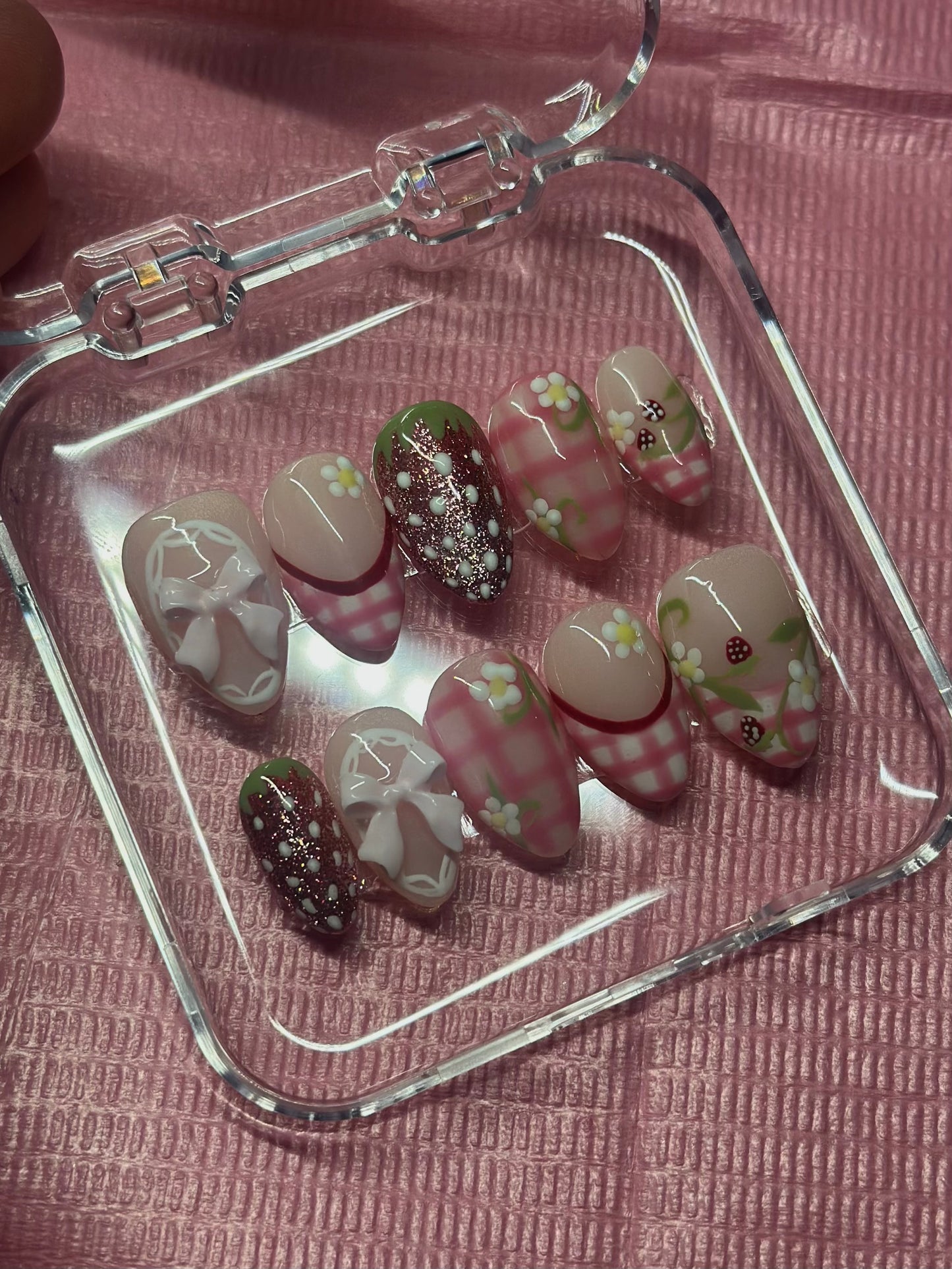 Reusable Strawberry Shortcake Press on nails| Hand Painted Press On Nails | Custom Sizing and Shape | Great for Summer, Graduation, or Gift