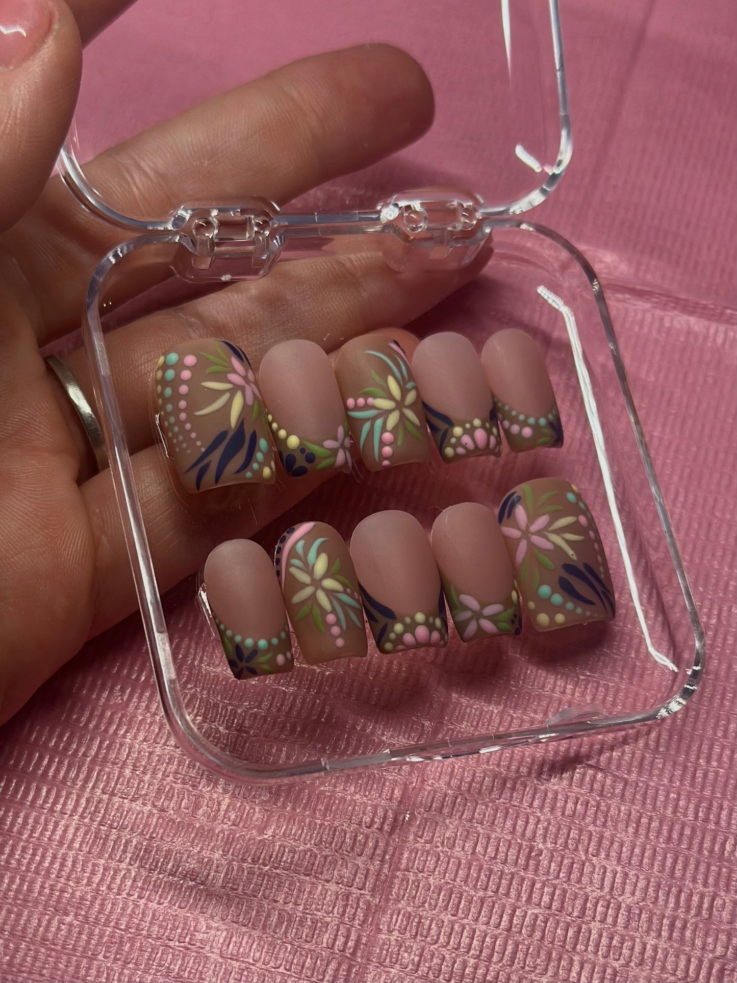 Pottery Inspired French Tip Press on Nails | Hand painted, Gel Manicure, Matte, Flowers | Reusable Presson Nails, Summer Nails