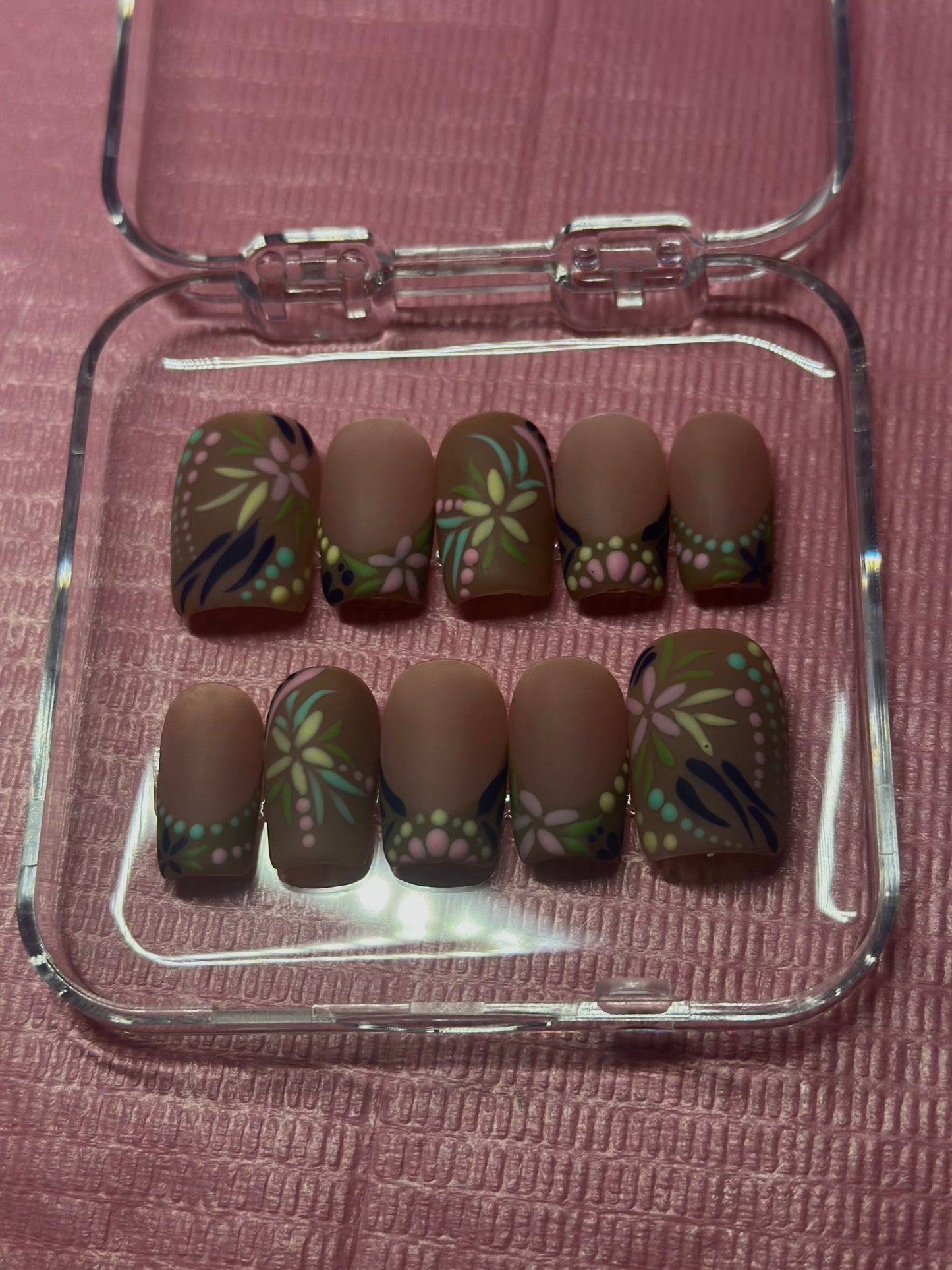 Pottery Inspired French Tip Press on Nails | Hand painted, Gel Manicure, Matte, Flowers | Reusable Presson Nails, Summer Nails
