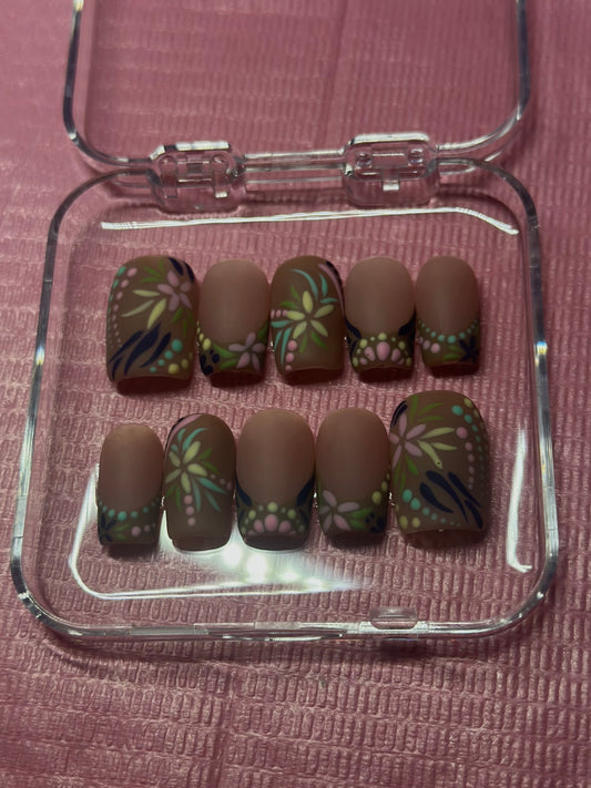 Pottery Inspired French Tip Press on Nails | Hand painted, Gel Manicure, Matte, Flowers | Reusable Presson Nails, Summer Nails