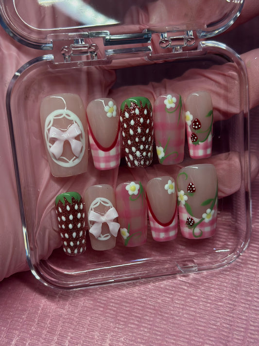Reusable Strawberry Shortcake Press on nails| Hand Painted Press On Nails | Custom Sizing and Shape | Great for Summer, Graduation, or Gift