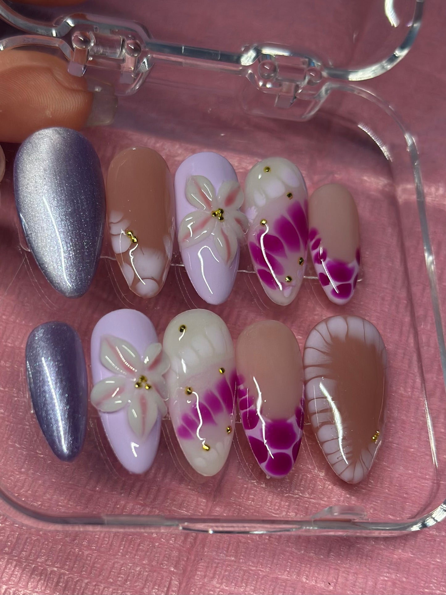 Purple Haze Reusable Nails | Hand Painted Press On Nails | Custom Sizing and Shape | Great for Summer, Vacation, or Gift | 3D Flower, Gold