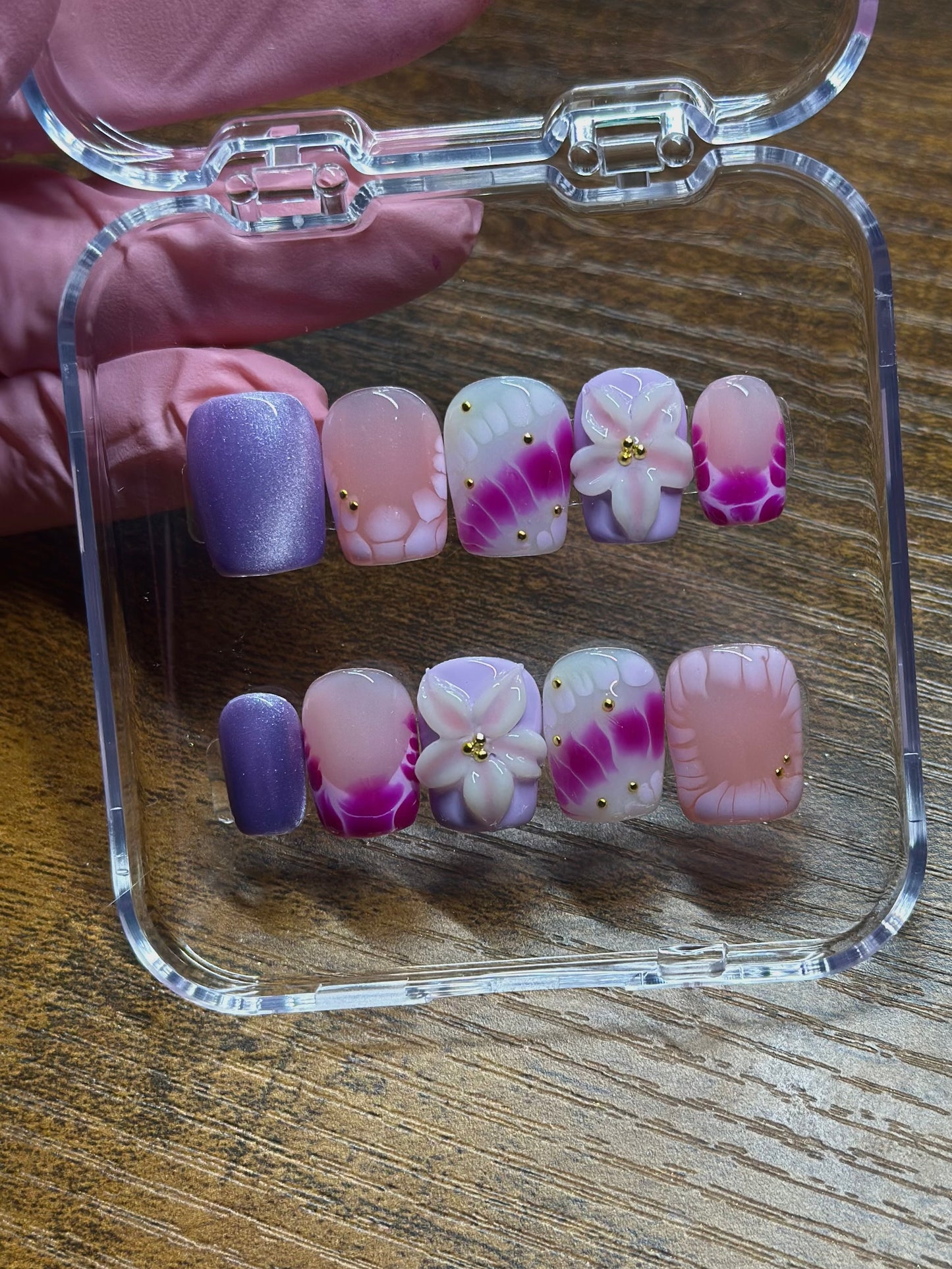 Purple Haze Reusable Nails | Hand Painted Press On Nails | Custom Sizing and Shape | Great for Summer, Vacation, or Gift | 3D Flower, Gold