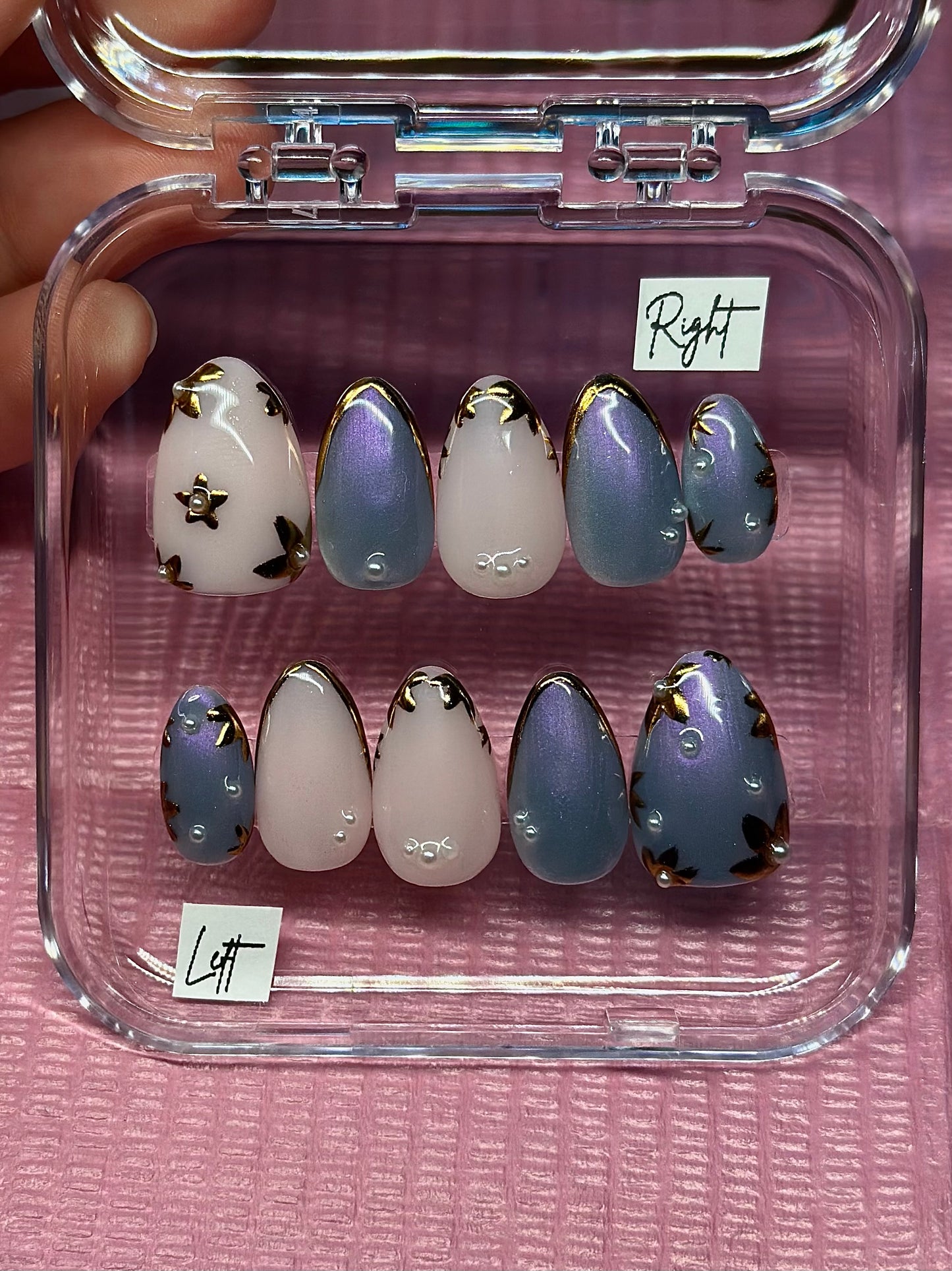 Blue Purple Cateye Press on Nails | Chrome Flowers | Hand painted, Gel Manicure, Durable, Reusable Presson Nails, Summer Nails