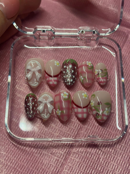 Reusable Strawberry Shortcake Press on nails| Hand Painted Press On Nails | Custom Sizing and Shape | Great for Summer, Graduation, or Gift