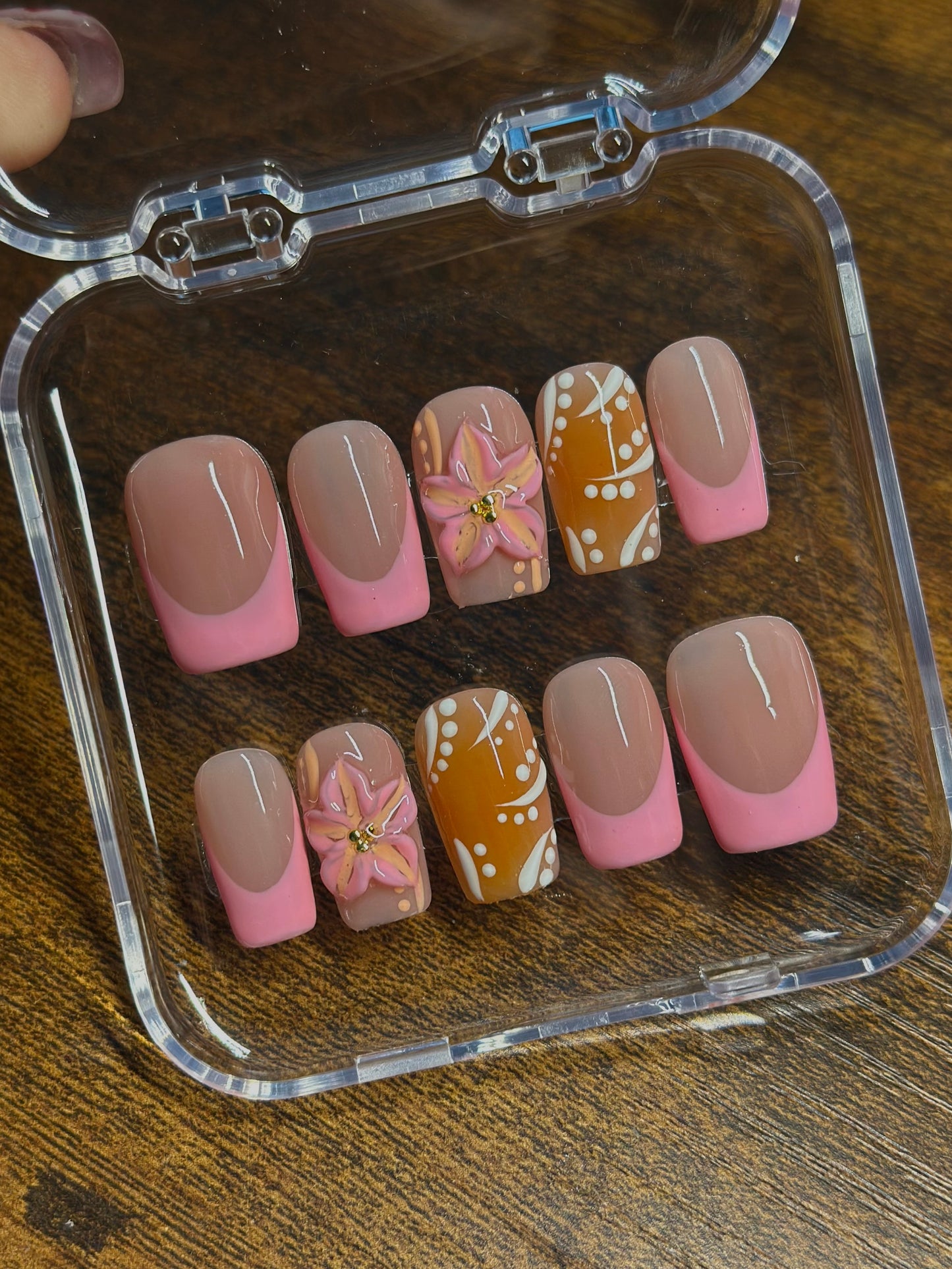 Pink and Orange Press on Nails | 3D flower | Hand painted, Gel Manicure, French tip, Reusable Presson Nails, Summer Nails, Vacation Nails