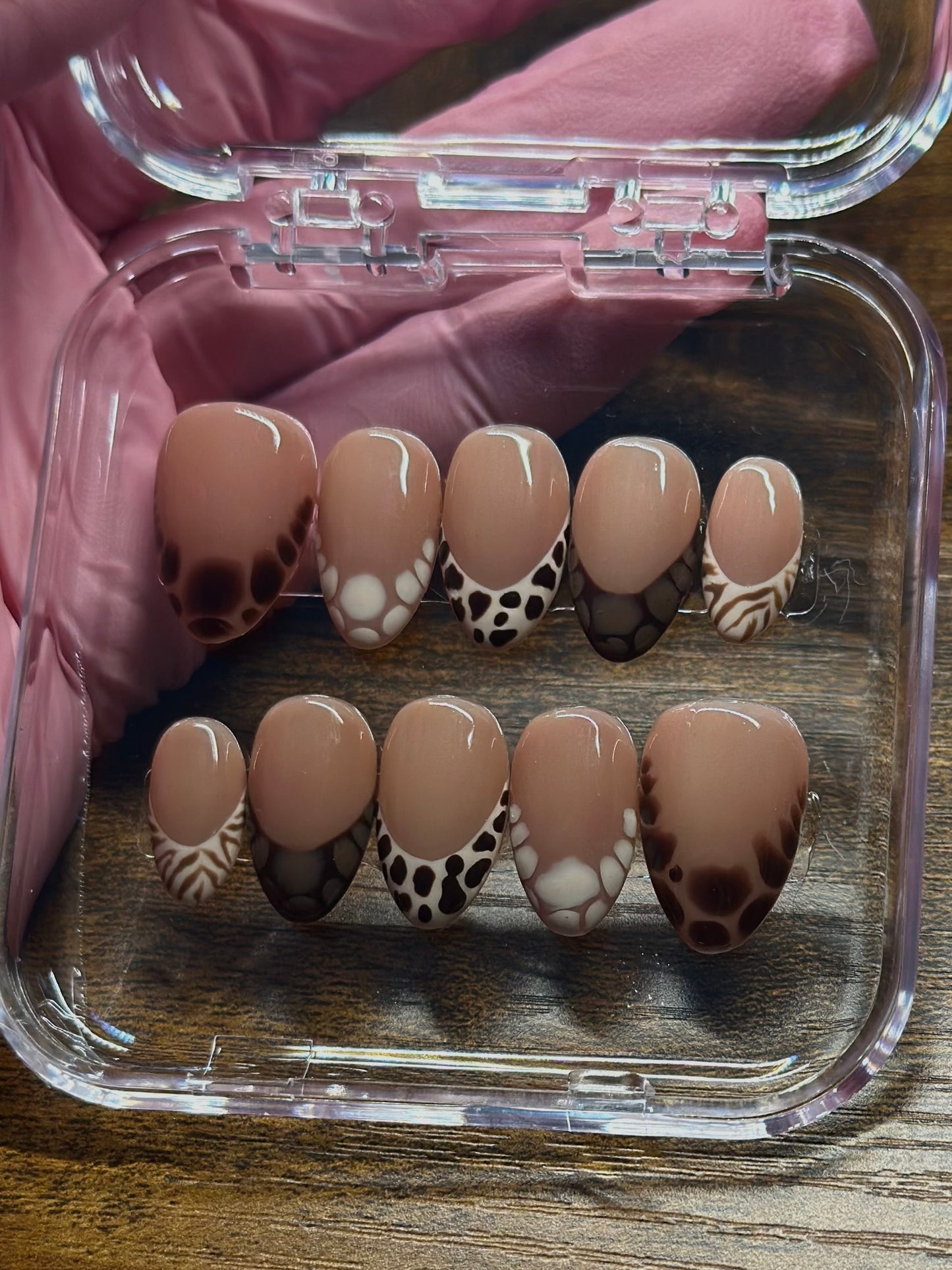 Brown Blooming gel and Animal print faux nails | Hand Painted Press On Nails |Custom Sizing and Shape |Great for Summer, Vacation, or Gift |