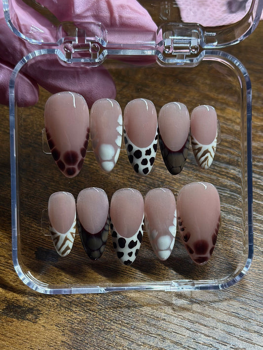 Brown Blooming gel and Animal print faux nails | Hand Painted Press On Nails |Custom Sizing and Shape |Great for Summer, Vacation, or Gift |
