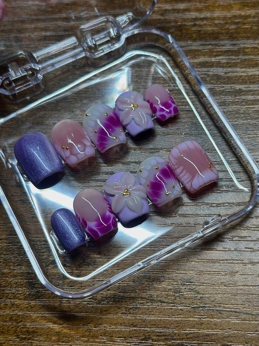 Purple Haze Reusable Nails | Hand Painted Press On Nails | Custom Sizing and Shape | Great for Summer, Vacation, or Gift | 3D Flower, Gold