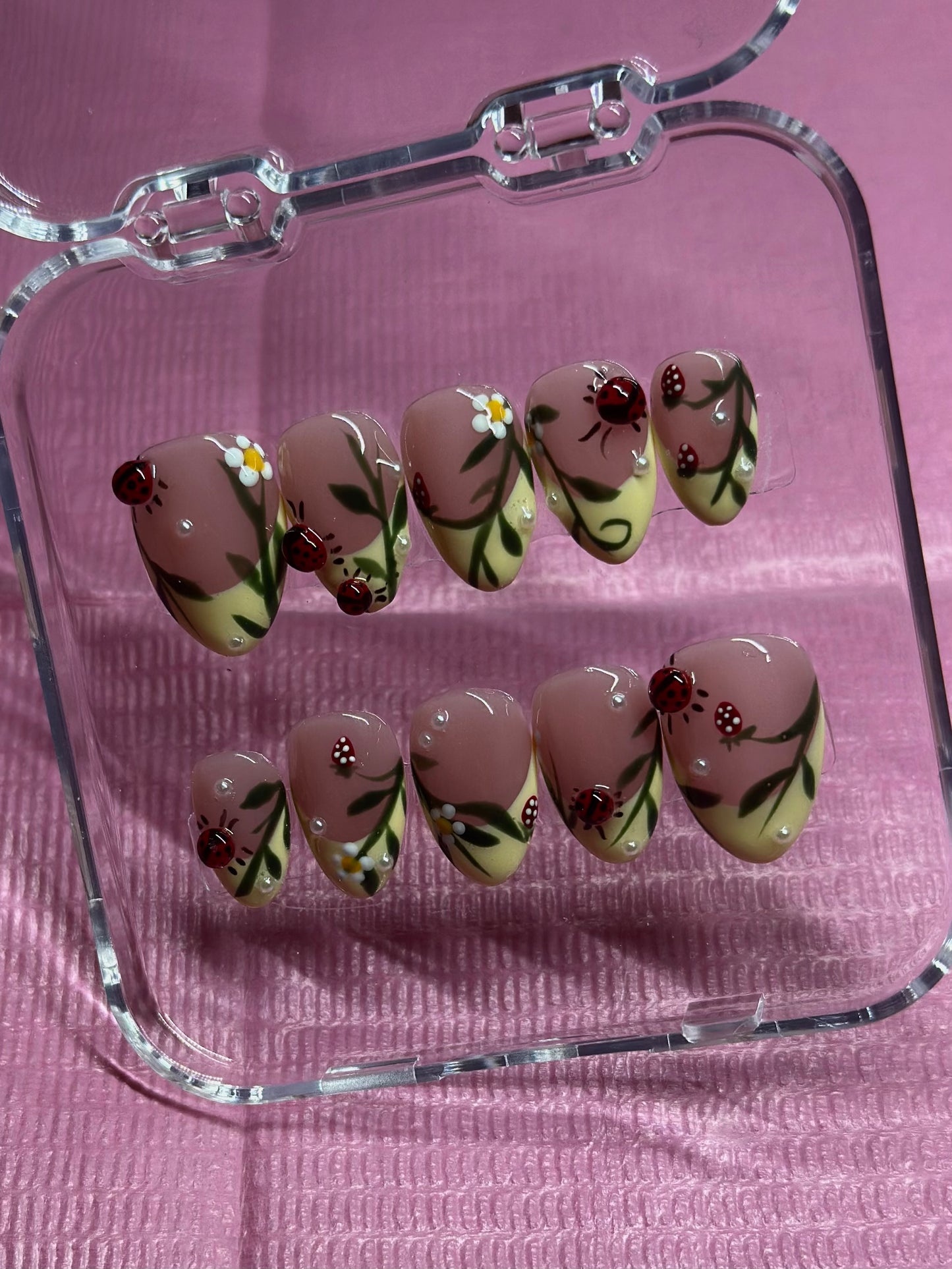 Ladybug and Strawberry Reusable Press on Nails | 3d Ladybugs, Hand painted, Gel Manicure, Blooming gel Presson Nails, Graduation Nails